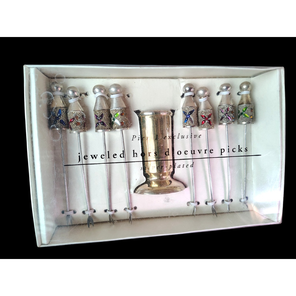 Silver Plated Jeweled Hors D' Oeuvre Picks Set PIER 1 IMPORTS fancy Party set